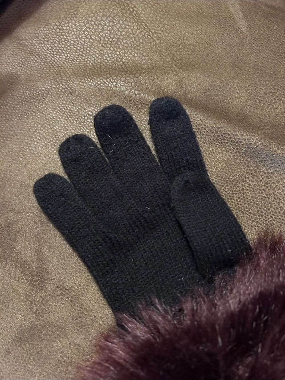 Ann Taylor Black Gloves with Burgundy Faux-Fur Cuffs